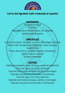 Carta traducida al español del restaurante Agrabah Café en Disneyland París 2025